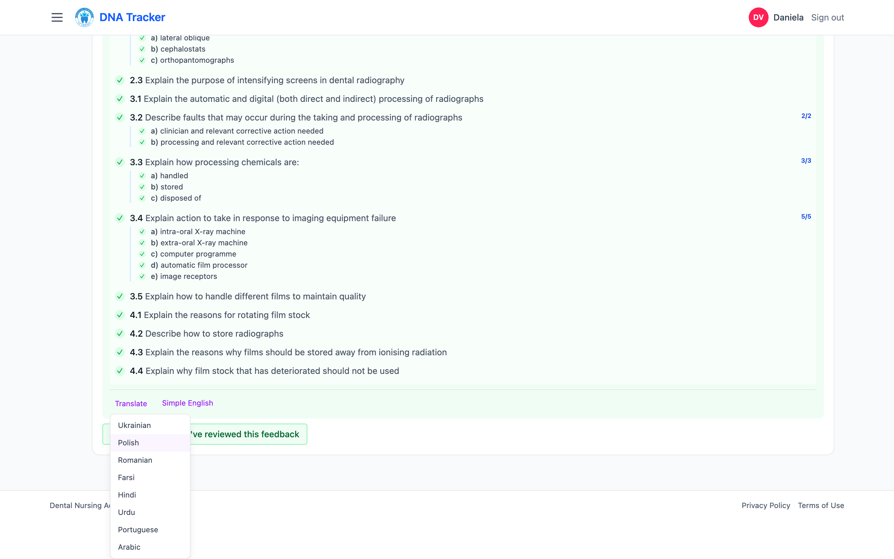The Translate menu on assessor feedback in DNA Portal