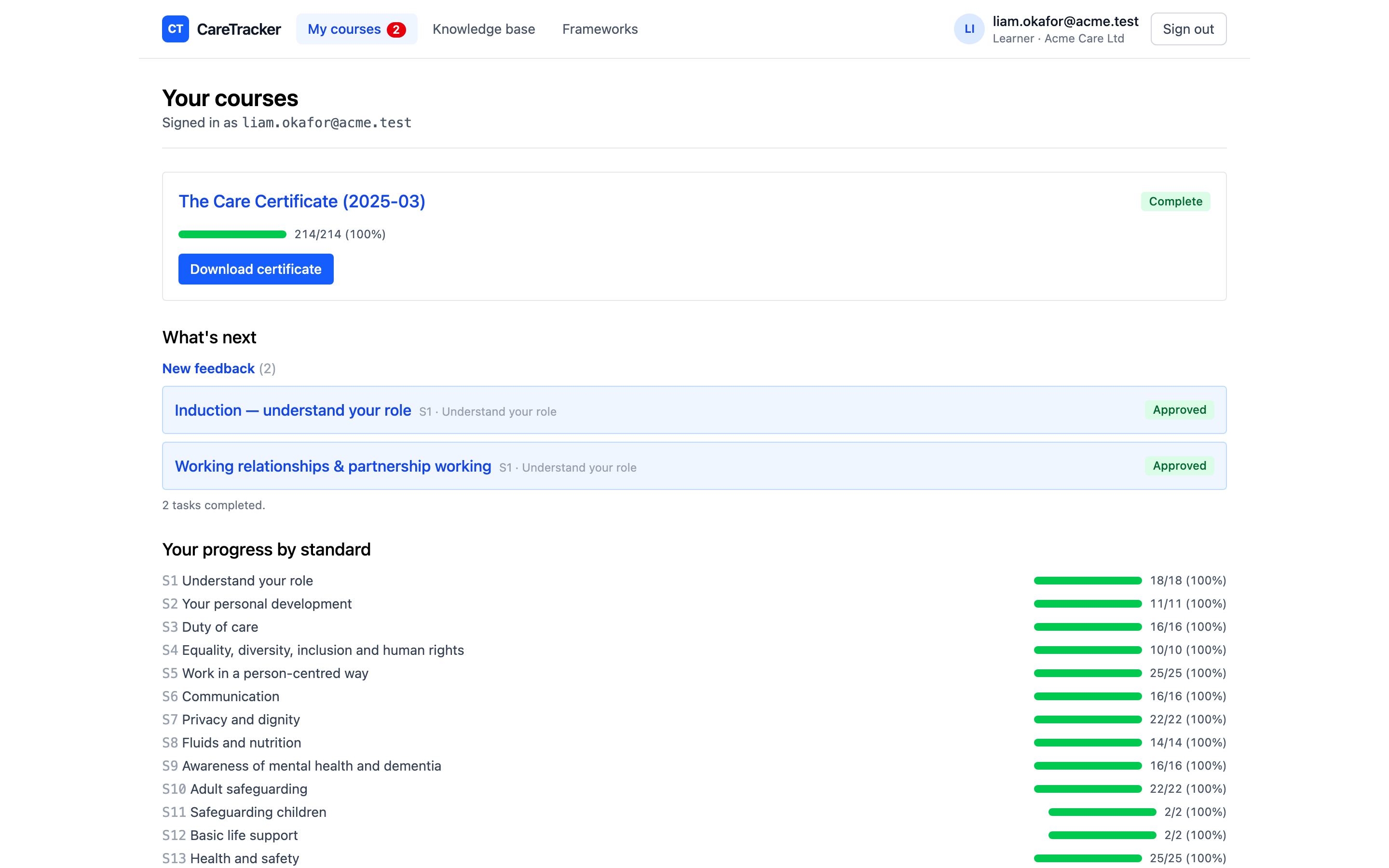 A learner’s portfolio view in CareTracker